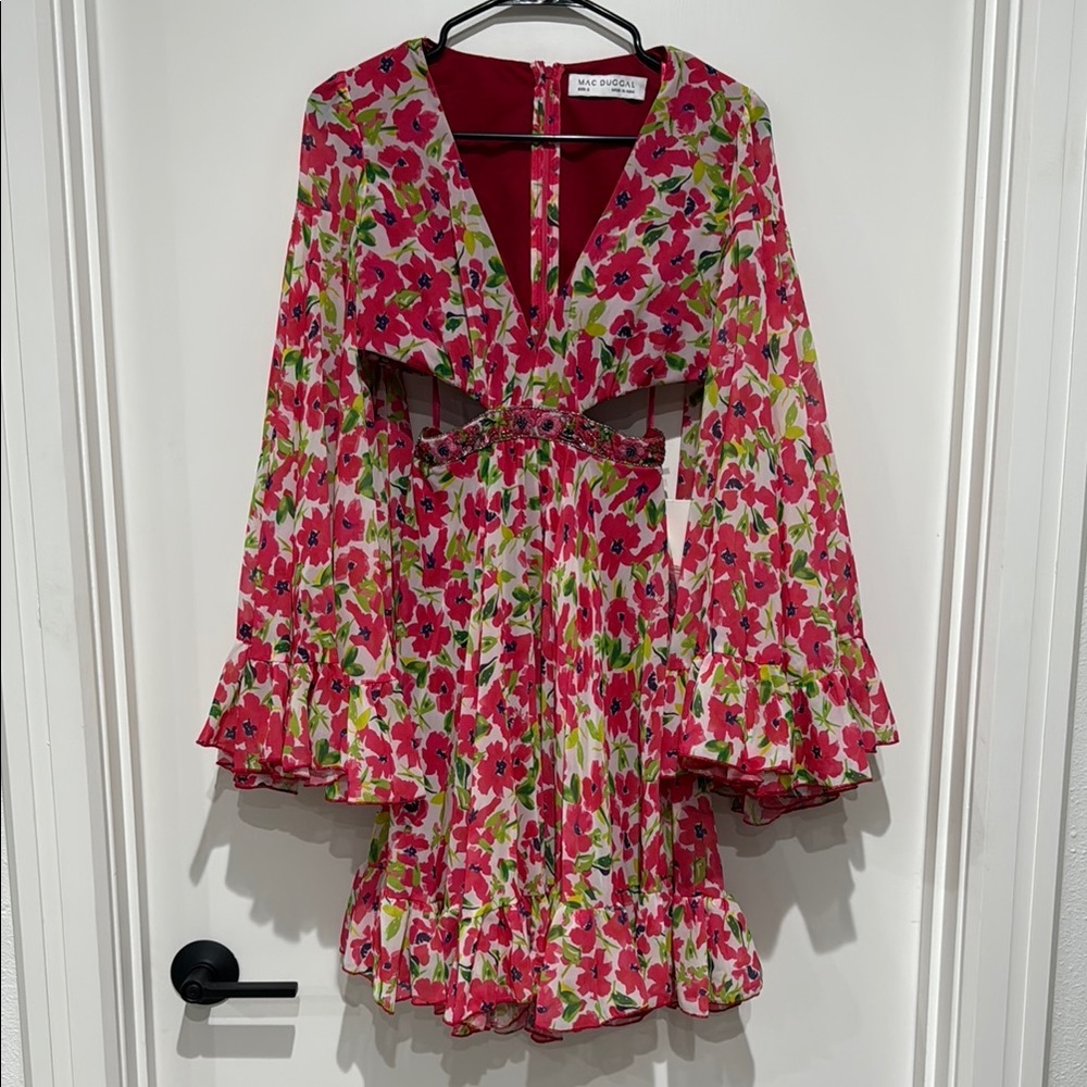 Mac Duggal #9158 Plunging V-Neck Cutout Floral Mini Dress - Size 2 - Picture 3 of 5